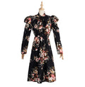 Woman Long Dress Vintage Floral Flower Long Sleeve Autumn Clothes Elegant Ladies Black Puff Sleeve Bow Dresses New Arrival - SunLify