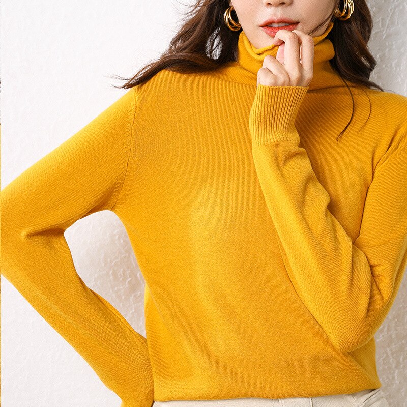 Knitted Sweater Autumn Long Sleeve Pure Black Turtleneck Korean Slim Pullover Jumper Basic Sweaters Woman  Fashion Clothes - SunLify