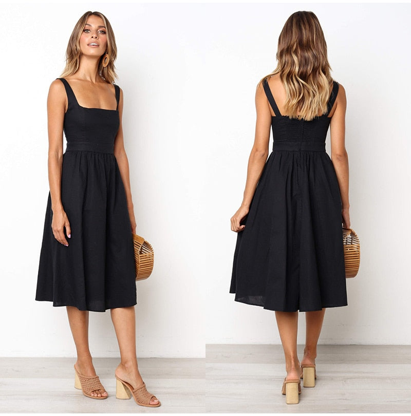 Lossky Casual Solid Dress Women Midi Long Summer Sexy Backless Slip Dresses Ruched Fashion Elegant Party Clothes Leisure - SunLify