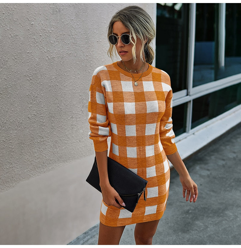 Sweater Dress Women Autumn Winter Elegant Office Plaid Long Sleeve Knit Clothes Slim Fit Black Ladies Dresses New Arrival - SunLify