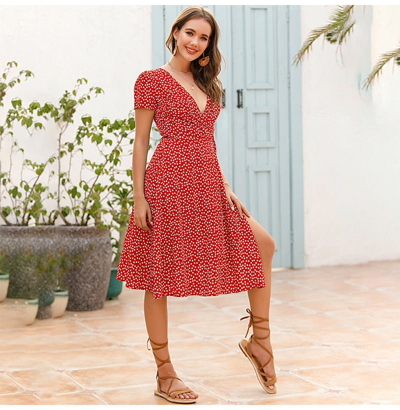 Women White Long Dress Summer Casual Dots Floral Womens Dresses Red Chiffon Midi Ladies Korean Fashion Clothing  Vacation - SunLify