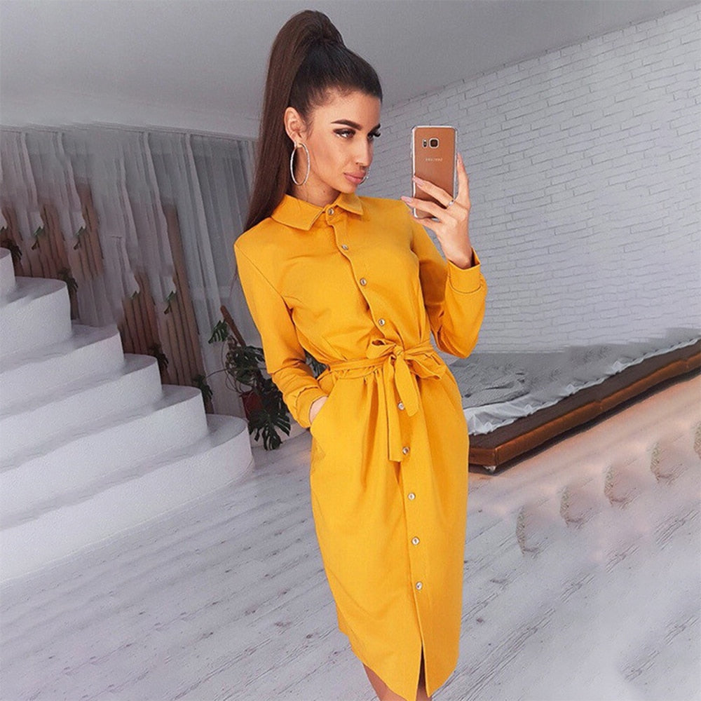 Long Dress Women Autumn Spring Casual Office Ladies Solid Green Long Sleeve Button Up Shirt Dresses Clothes  Fall Fashion - SunLify