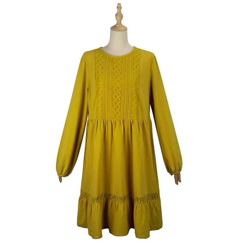 Woman Dress Autumn Winter Casual Lace Stitching Yellow Long Sleeve Loose Vintage Dresses For Women Clothes  Ladies - SunLify