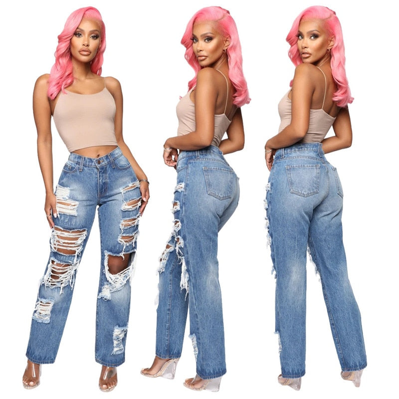 Fashion Personality Women Jeans Denim Hole Female High Waist Stretch Slim Sexy Ripped Trousers Women Streetwear Straight Jean - SunLify