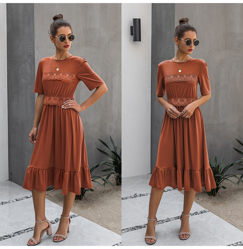 Women Midi Dress T-shirt Summer Black Lace Patchwork Ruffle Ruched Long Dresses Green Casual Ladies Fitted Clothes  Everyday - SunLify