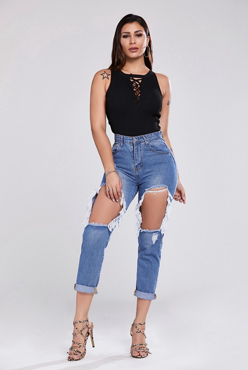 Spring summer Fashion ripped Hole denim pants Women Cotton Denim Jean Loose Casual Elastic Cross-pants vintage Street jeans - SunLify