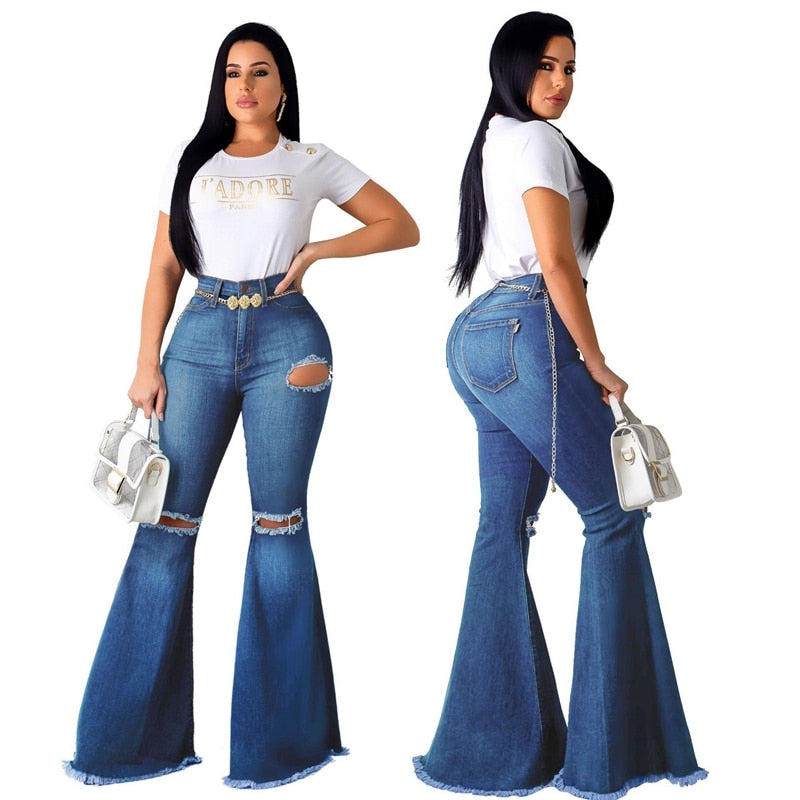 Women vintage ripped Denim Flare Jeans Boyfriend Jean Ladies High Waist Skinny bell bottom jeans Pants Autumn Wide Leg Mom Jeans - SunLify