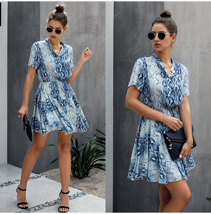 Lossky Women Cotton Mini Dress Fashion Summer Plaid Snake Short Sleeve Casual Ruched Short Nice Shirt Dress Clothes Elegant - SunLify