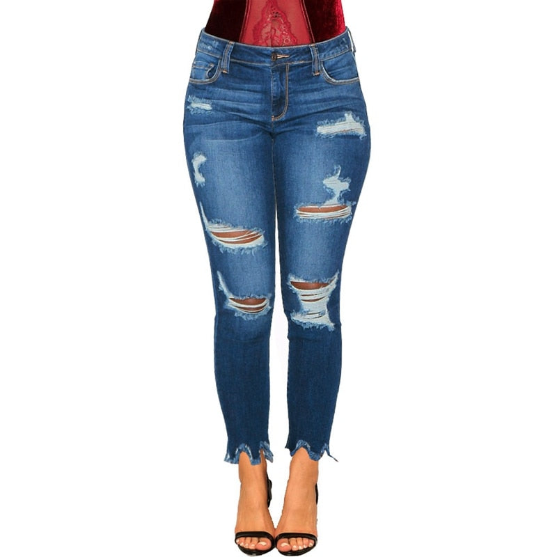 fashion Sexy Casual Ripped Jeans Women Denim Pencil Pants Trousers Mid Waist Stretch Skinny Jean Boyfriend Style Streetwear - SunLify