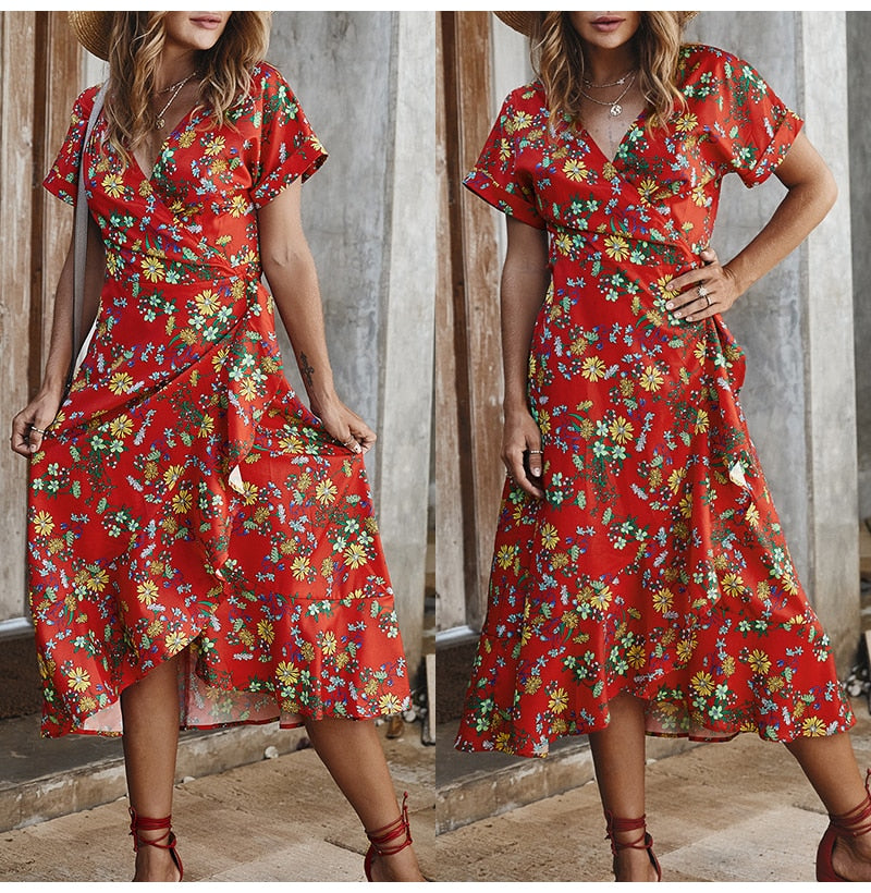 Long Dress Summer Women Casual Floral Ruffle Dresses Lace-Up Cardigan New Arrival  Flower Fitted Midi Clothes Red For Women - SunLify