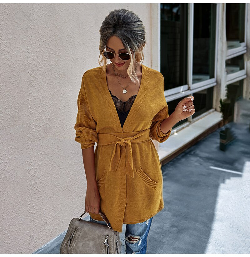 Long Cardigan Women Autumn Winter French Clothes Elegant Ladies Long Sleeve V Neck Knit Black Sweater Tops Belt  Jacket Coat - SunLify