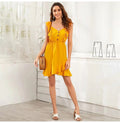 Dress Women Summer Elegant Ruffle Stitching Backless Tank Mini Dresses Button Yellow Fitted Clothing  Women Clothes Vacation - SunLify