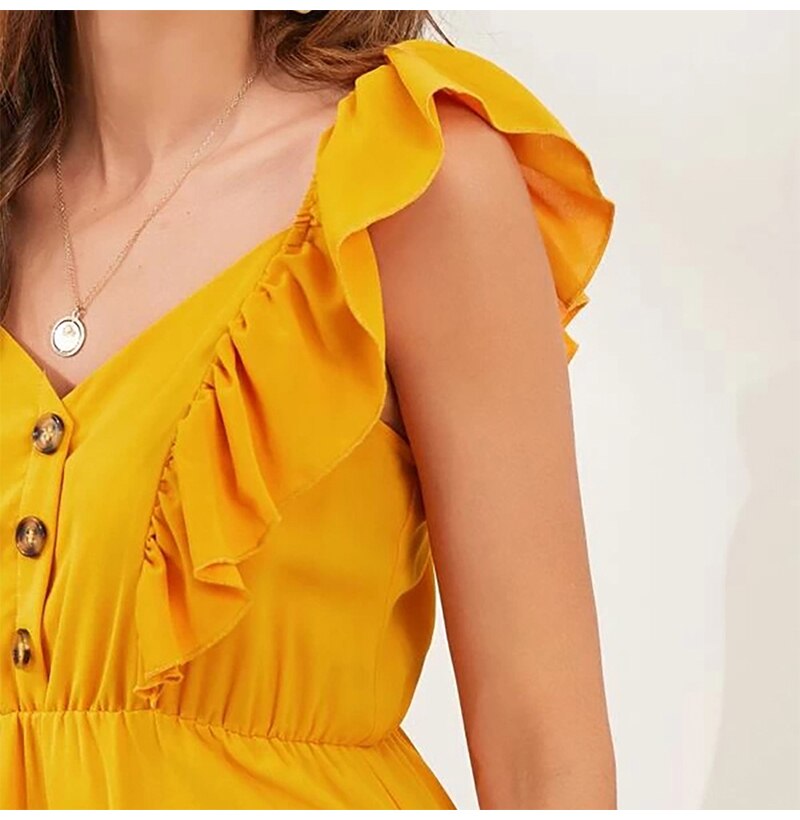 Dress Women Summer Elegant Ruffle Stitching Backless Tank Mini Dresses Button Yellow Fitted Clothing  Women Clothes Vacation - SunLify