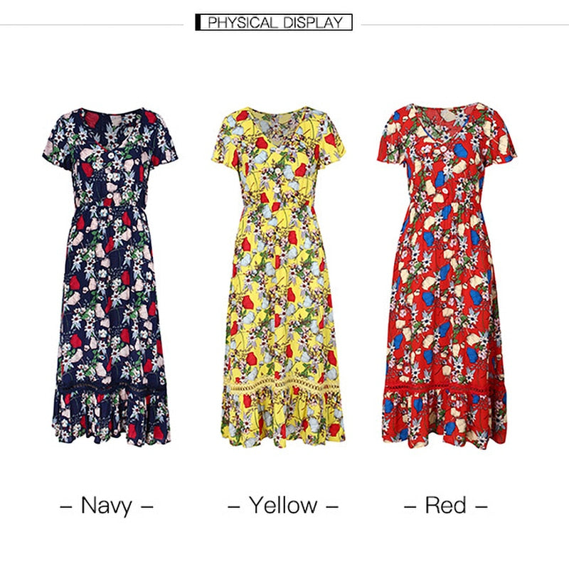 Women Midi Dress Summer Casual Flower Print Side Slit Red Long Sundresses Ladies Yellow Fitted Clothing Everyday  Fashion - SunLify