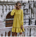 Woman Dress Autumn Winter Casual Lace Stitching Yellow Long Sleeve Loose Vintage Dresses For Women Clothes  Ladies - SunLify