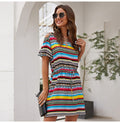 Summer Dress Women Casual Color Striped Mini Short Sundresses Vintage Fitted Overalls Clothing  Clothes For Women Fashion - SunLify