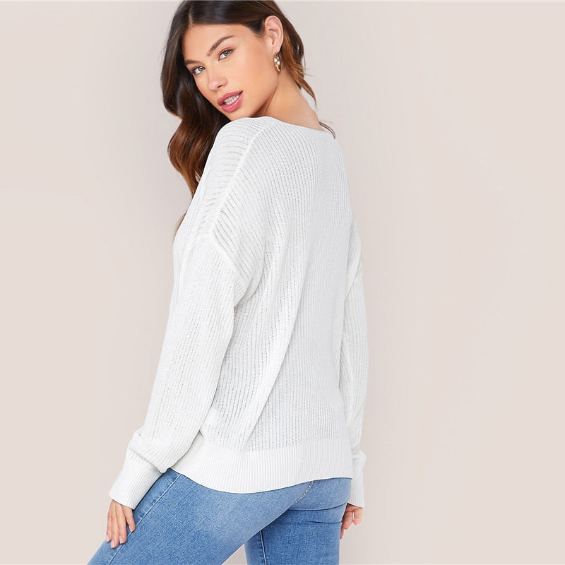 White V Neck Drop Shoulder Knit Sweater Long Office Ladies Sweaters - SunLify