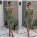 Women Midi Dress T-shirt Summer Black Lace Patchwork Ruffle Ruched Long Dresses Green Casual Ladies Fitted Clothes  Everyday - SunLify