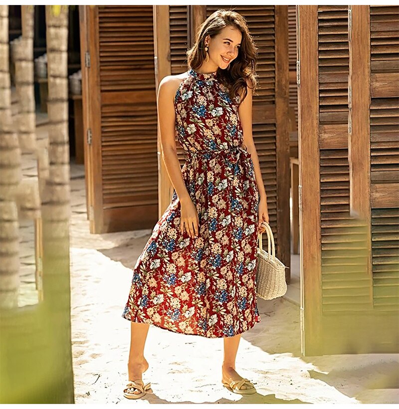 Long Dress Women Casual Summer Floral Midi Sundresses Elegant Ladies Flower Fitted Beach Tunic Clothing  Red Clothes Women - SunLify