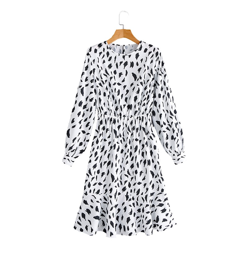 Women Dresses Spring Autumn Long Sleeve Casual Leopard Print Ruffle White Fitted Waist Clothing Fashion  Dress For Women - SunLify