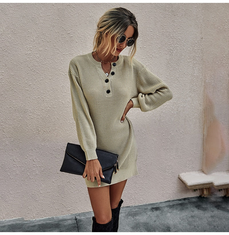 Sweater Dresses Women Autumn Winter Long Sleeve Knitted Clothes Casual Ladies Pure Black Button Slim Fit Dress Fall  Fashion - SunLify