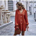 Woman Dress Loose Casual Long Sleeve Solid Color Fitted Dresses Trendy Button Bowknot Tied Ruched Clothes  Autumn Spring - SunLify