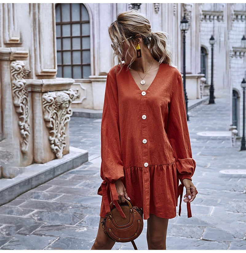 Woman Dress Loose Casual Long Sleeve Solid Color Fitted Dresses Trendy Button Bowknot Tied Ruched Clothes  Autumn Spring - SunLify