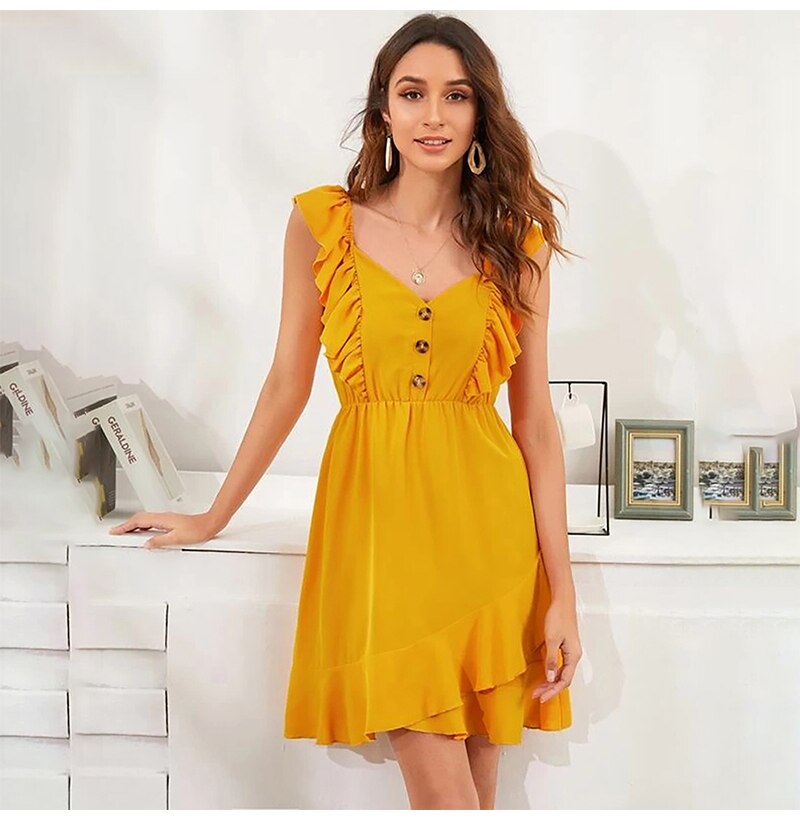 Dress Women Summer Elegant Ruffle Stitching Backless Tank Mini Dresses Button Yellow Fitted Clothing  Women Clothes Vacation - SunLify