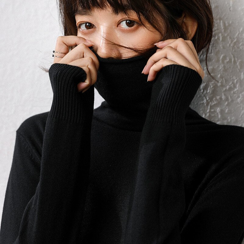 Knitted Sweater Autumn Long Sleeve Pure Black Turtleneck Korean Slim Pullover Jumper Basic Sweaters Woman  Fashion Clothes - SunLify