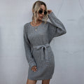 Sweater Dress Autumn Winter Elegant Ladies Solid Color Long Sleeve Sashes Loose Fit Clothes Casual Knit Dresses For Women - SunLify