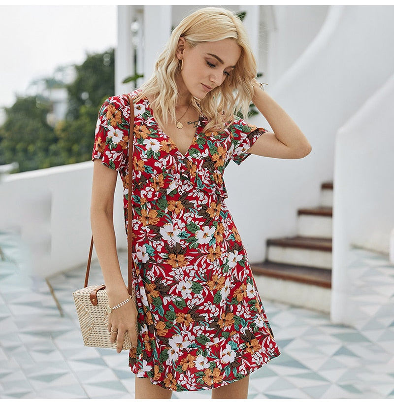 Women Dresses Summer Casual Ladies Floral Flower Print Ruffle Mini Dress Red A Line Womens Clothes Black  Fashion Vacation - SunLify