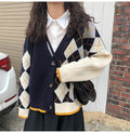 Cardigan Tops Women Autumn Winter Knitted Long Sleeve Clothes Button Up Plaid Argyle Sweater  Korean Fashion Preppy Style - SunLify