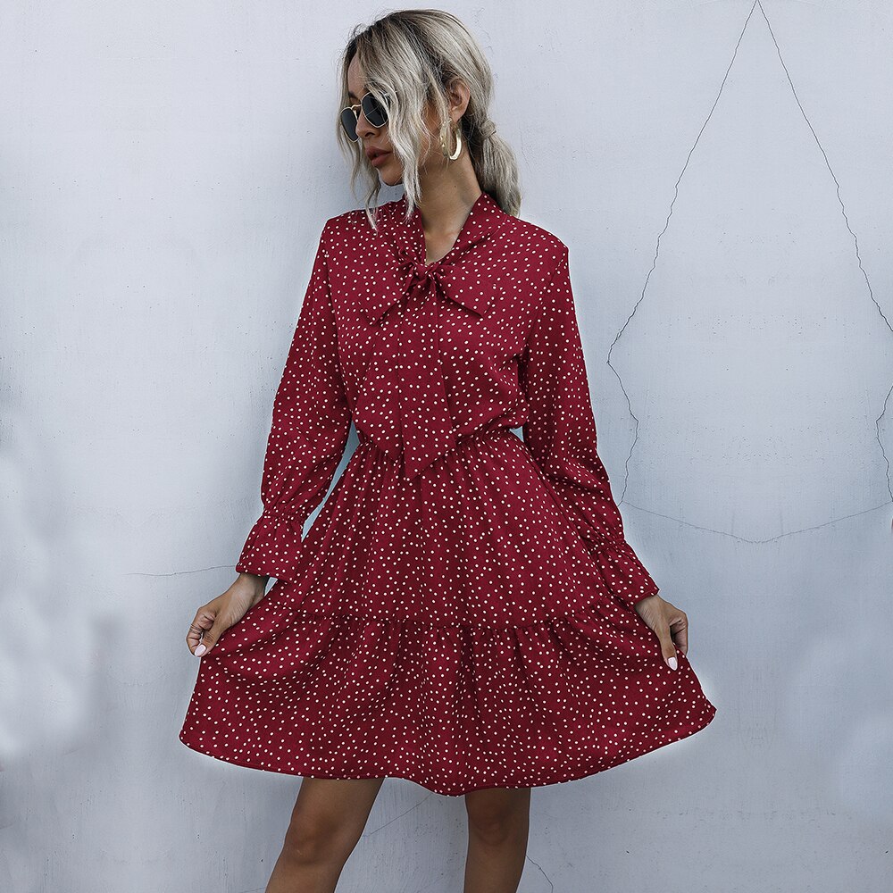 Chiffon Dresses Woman Autumn Spring Dot Print Ruched Slim A Line Womens Clothes Casual Long Sleeve Bow Dress Fall  Fashion - SunLify