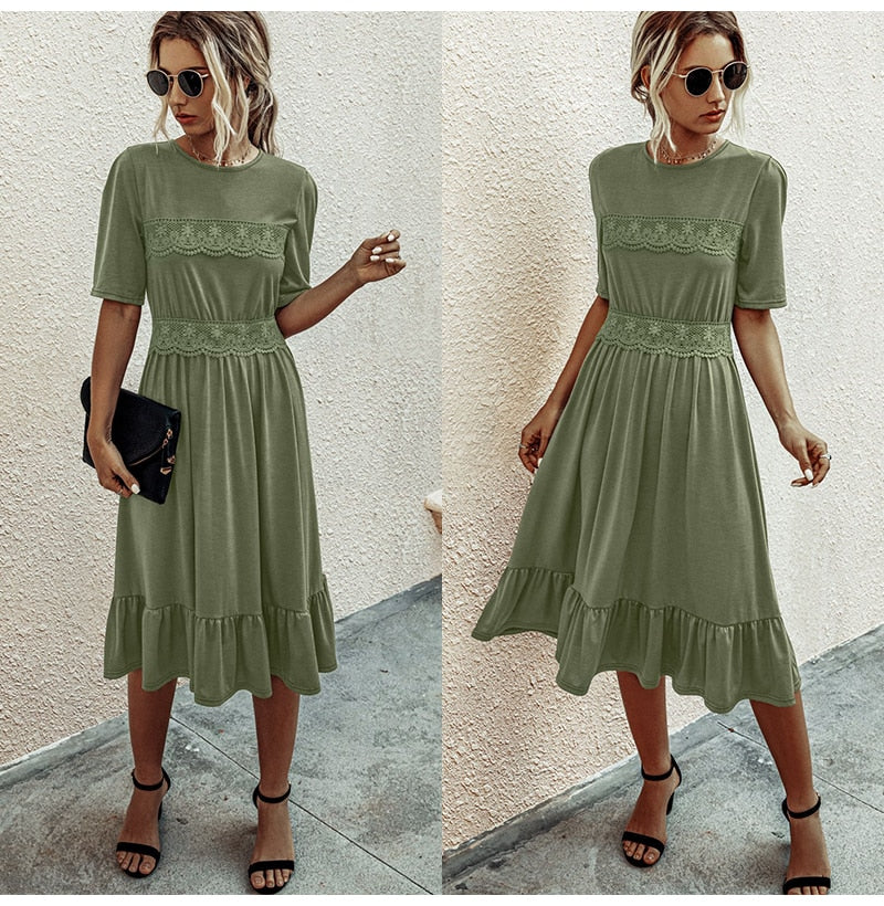 Women Midi Dress T-shirt Summer Black Lace Patchwork Ruffle Ruched Long Dresses Green Casual Ladies Fitted Clothes  Everyday - SunLify