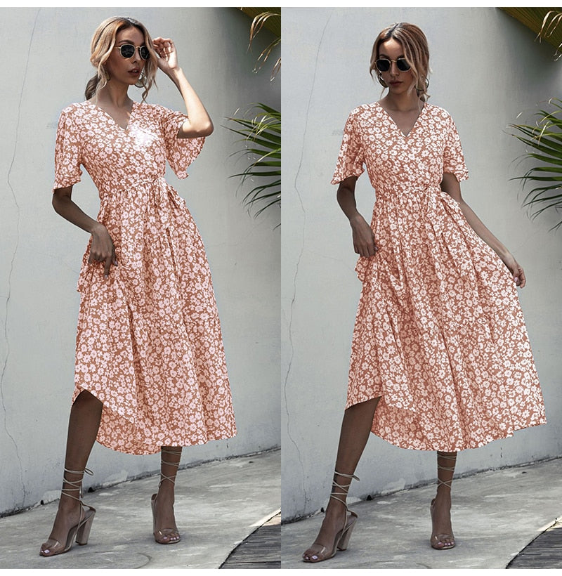 Long Dress Women Summer Casual Polka-dot Floral Print Midi Sundresses Black Elegant Fitted Clothing  Red Dresses For Women - SunLify