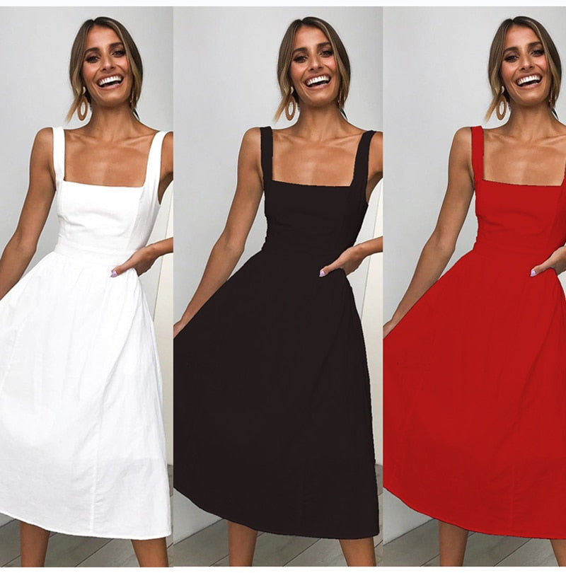 Lossky Casual Solid Dress Women Midi Long Summer Sexy Backless Slip Dresses Ruched Fashion Elegant Party Clothes Leisure - SunLify