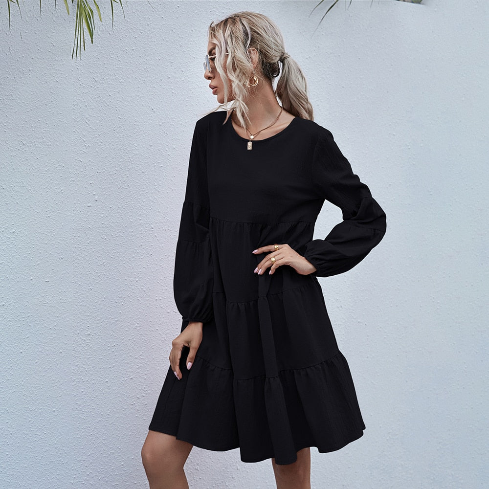 Dress Woman Autumn Spring Fashion Casual Ladies Black Ruffle Ruched Loose Fitted Womens Dresses New Arrival  Fall Clothes - SunLify