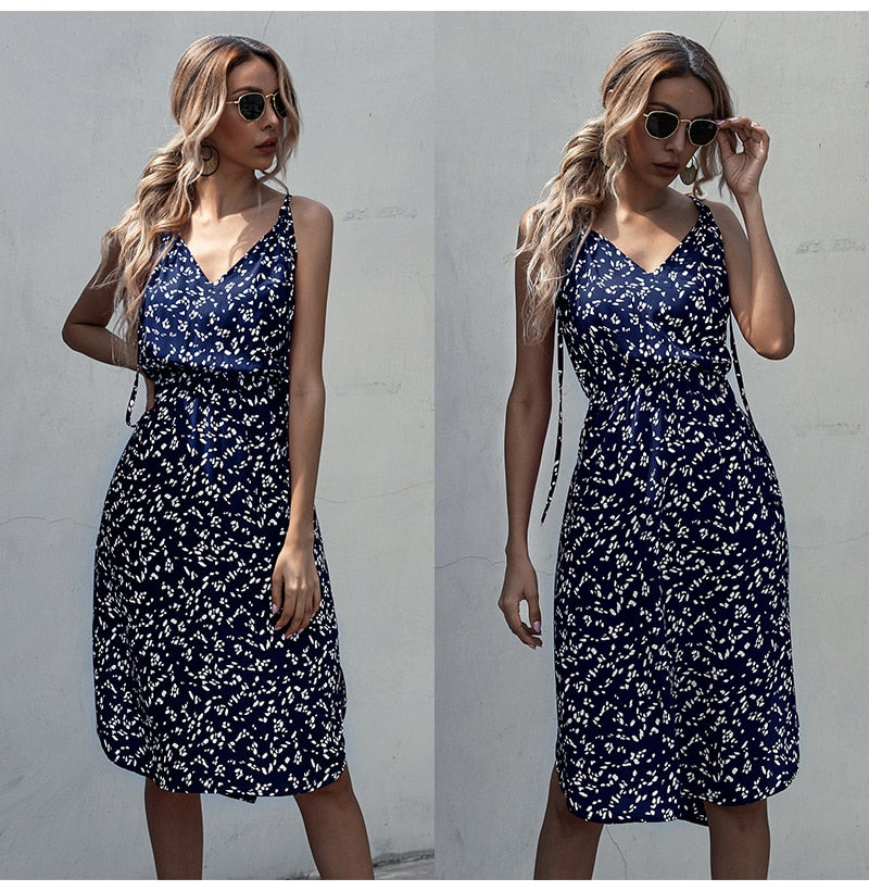 Dress Women Summer Leopard Floral Slip Sundresses Casual Fitted Slit Clothing Pink  Red Spaghetti Strap Dresses For Women - SunLify