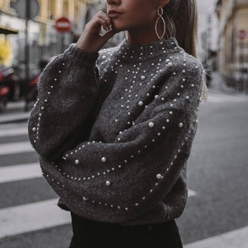 Lossky Cashmere Sweater Pullover With Pearls Women Pure Autumn Winter Warm Knit Pull Jumpers Female Top Clothes - SunLify