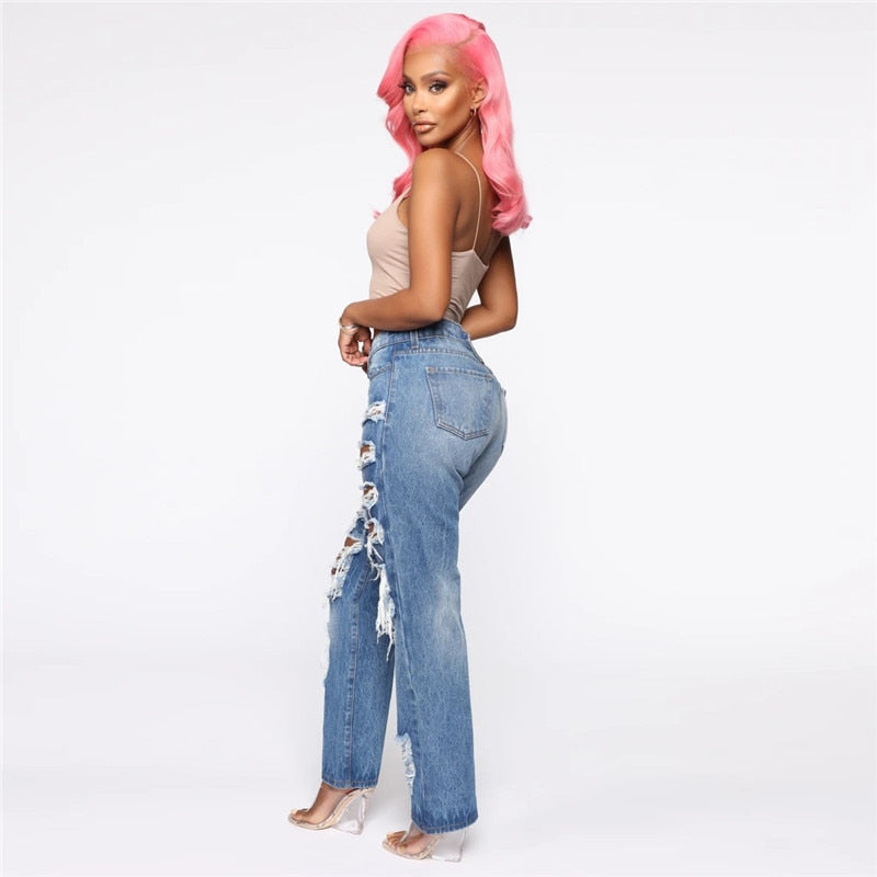 Fashion Personality Women Jeans Denim Hole Female High Waist Stretch Slim Sexy Ripped Trousers Women Streetwear Straight Jean - SunLify