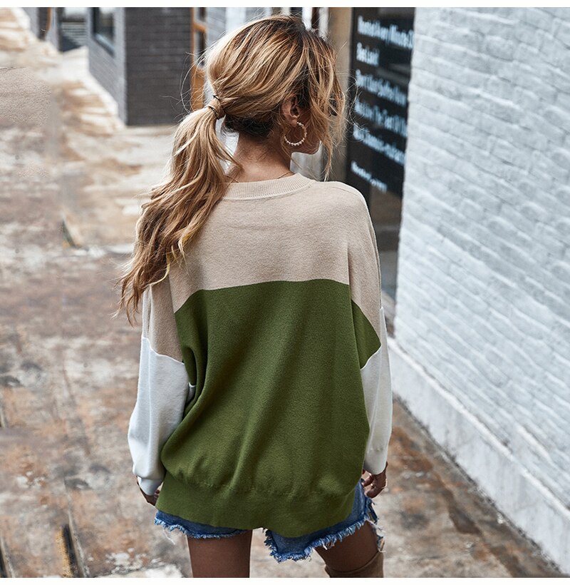 Knitted Sweater Autumn Winter Green Patchwork Color Ladies Long Sleeve Jumpers Pullover Sweaters Tops Women Fashion Clothes - SunLify