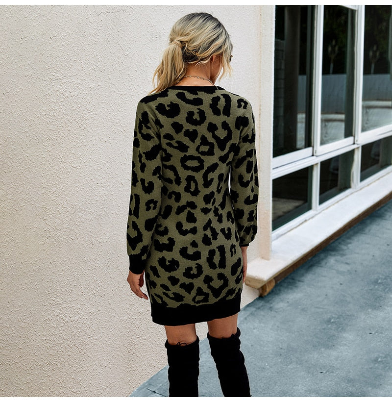 Sweater Dress Autumn Winter Long Sleeve Women Fashion Vintage Leopard Print Warm Knitted Clothes Ladies Dresses New Arrival - SunLify