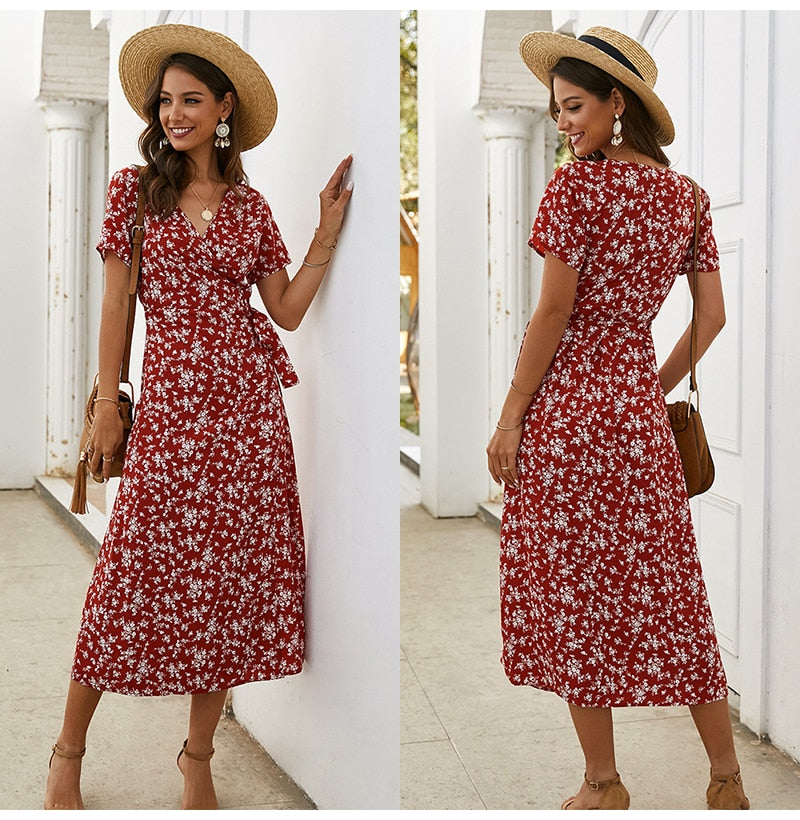 Summer Long Dress Women Casual Floral Print Midi Sundresses Bow Belt Ladies Fitted Everyday Clothes  Red Dresses For Women - SunLify