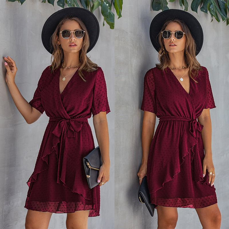 Women Dress Casual Ruffle Bow Lacing-Up Black Summer Sundresses Fitted Everyday Mini Short Clothing High Waist Red  Yellow - SunLify