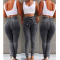 High Waist Jeans For Women Slim Stretch Denim Jean Bodycon Tassel Belt Bandage Skinny Push Up mom jeans ladies boyfriend jeans - SunLify