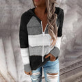 Knit Cardigan Sweater Women Autumn Winter Casual Striped Patchwork Long Sleeve Tops Zip Up Hooded Cardigans Womens Clothes - SunLify