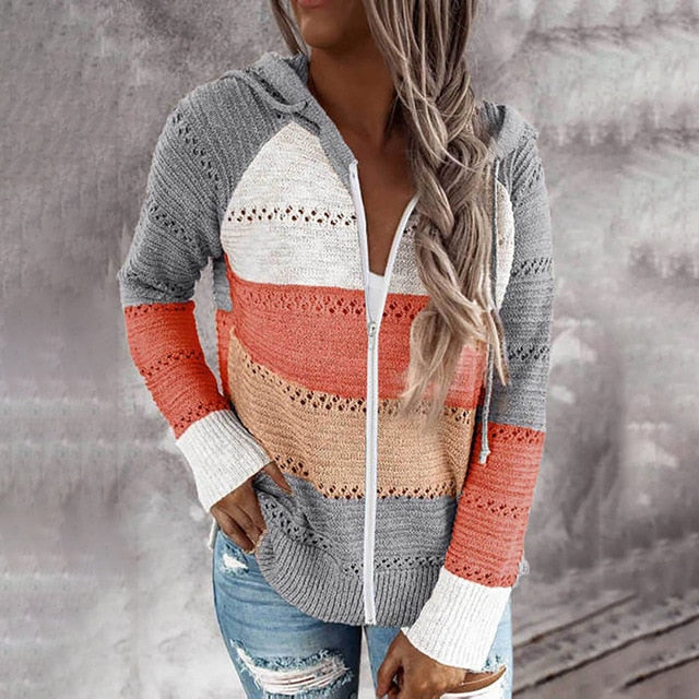 Knit Cardigan Sweater Women Autumn Winter Casual Striped Patchwork Long Sleeve Tops Zip Up Hooded Cardigans Womens Clothes - SunLify