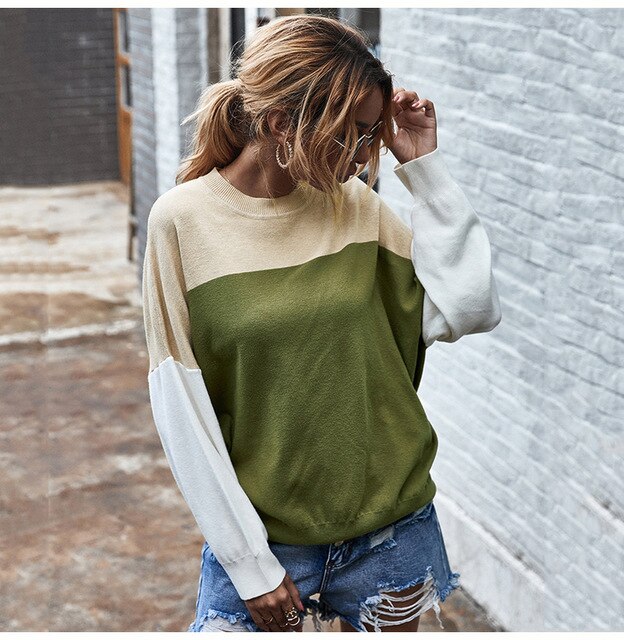 Knitted Sweater Autumn Winter Green Patchwork Color Ladies Long Sleeve Jumpers Pullover Sweaters Tops Women Fashion Clothes - SunLify