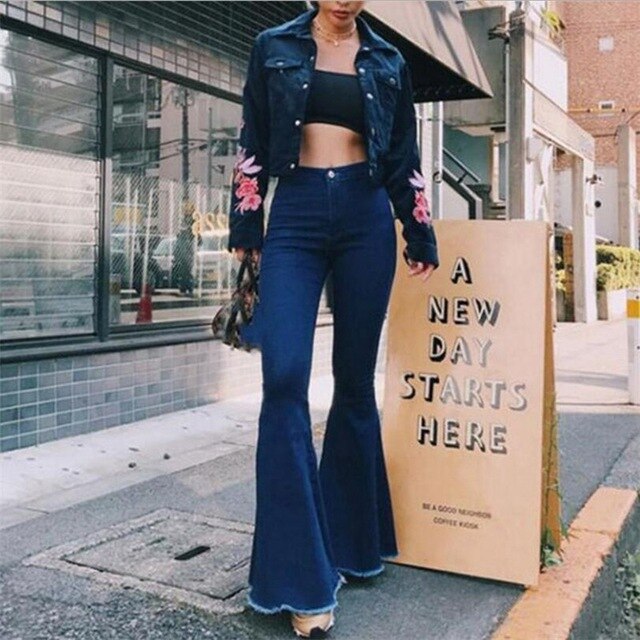 Ladies Denim High Waist Flare Jeans Boyfriend Jeans Women vintage Sexy Skinny bell bottom jeans Pants Wide Leg Mom Jeans push up - SunLify