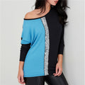 Ladies Tops Off Shoulder Long Sleeve Shirt Sequin Patchwork Tunic - SunLify